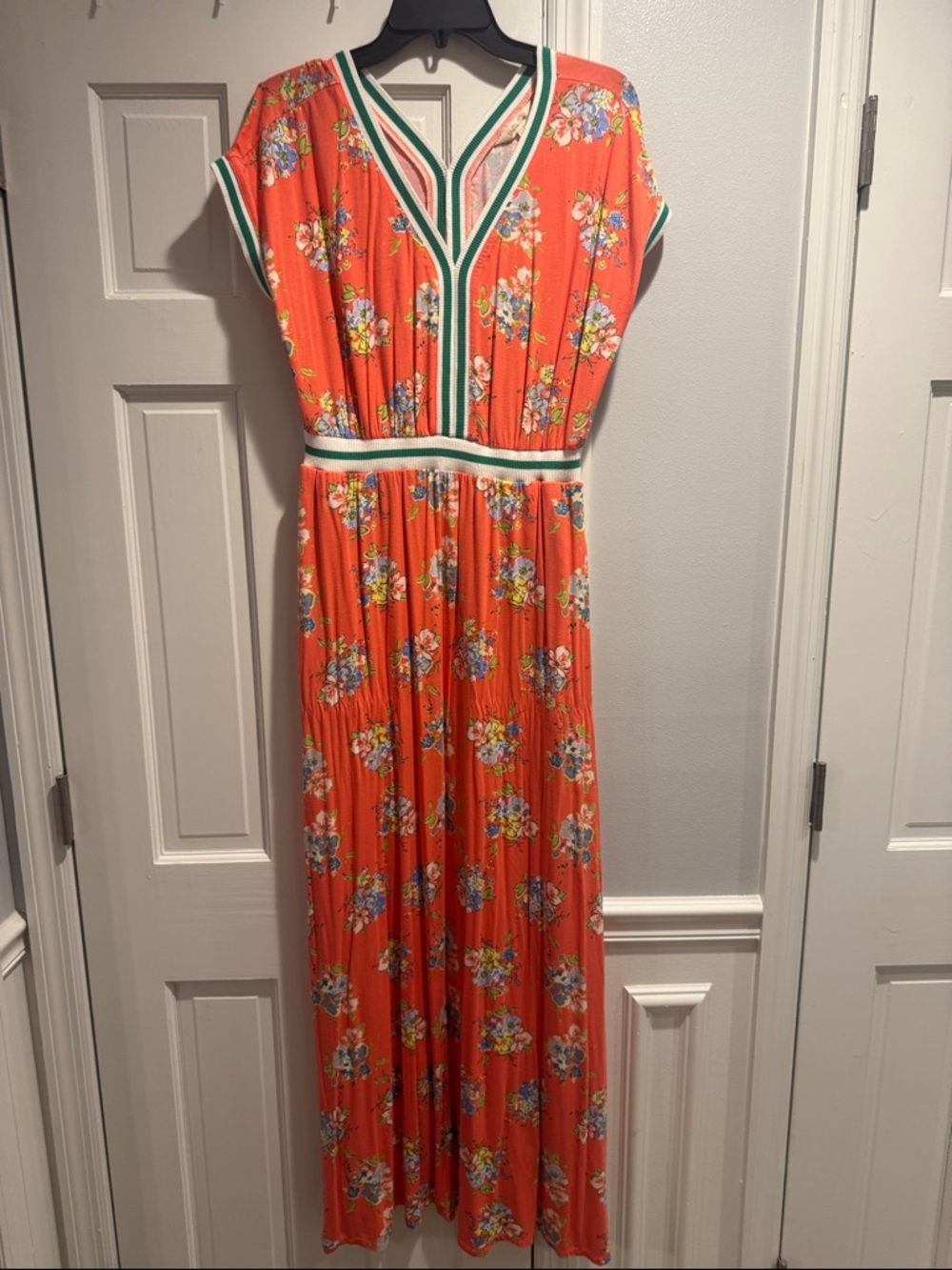 Floral Orange Maxi Dress with Green Trim